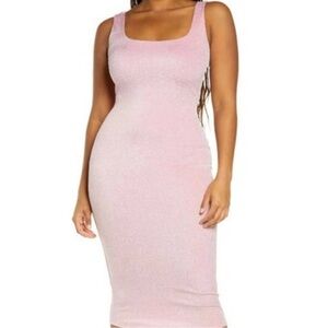 Naked Wardrobe Metallic Hourglass Midi Shimmer Tank Dress Pink 1X